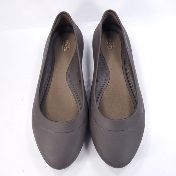 Crocs Slip on Casual Ballet Flat Womens Size 9 203404 Brown Rubber Round Toe - Picture 2 of 9